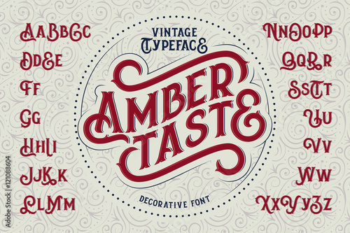 Vintage decorative font named  Amber Taste  with label design and background pattern