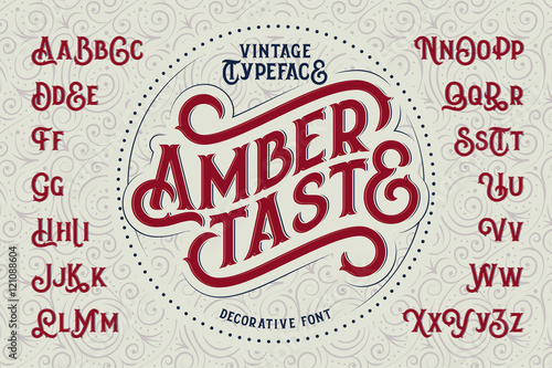 Vintage decorative font named "Amber Taste" with label design and background pattern