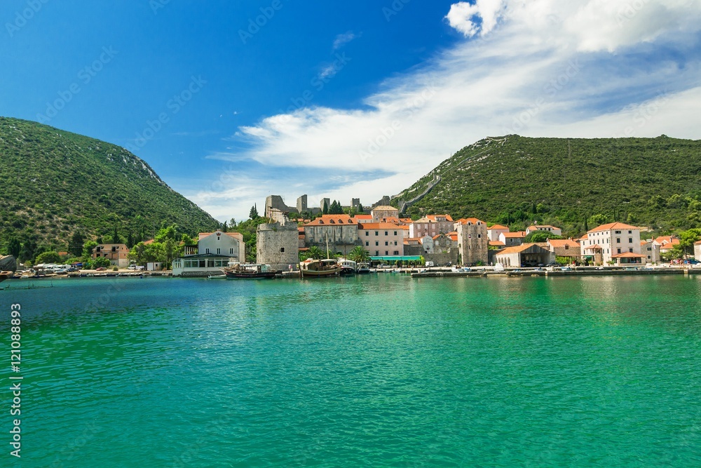 Mali Ston Town seen from the ship, Adriatic Sea, Croatia