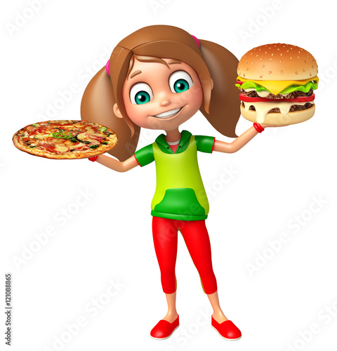 kid girl with Burger and Pizza
