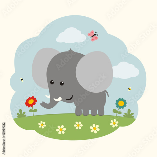 Cartoon elephant on flowers field. Cute elephant and flowers.