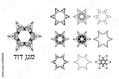Set of vintage graphic Star of David. Jewish six-pointed star. Vector illustration on isolated background