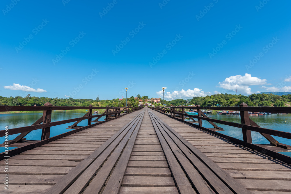 Wooden bridge over the river (Mon Bridge) in Sangkhlaburi District, Kanchanaburi, Thailand.