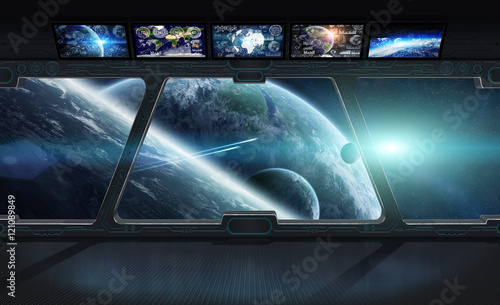 Fototapeta Naklejka Na Ścianę i Meble -  View of outer space from the window of a space station 3D render