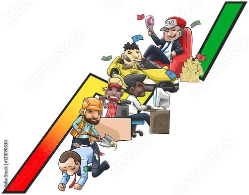 Work and wealth graph of cartoon people from poor labor and salary worker into wealthy ceo or entrepreneur, create by vector
