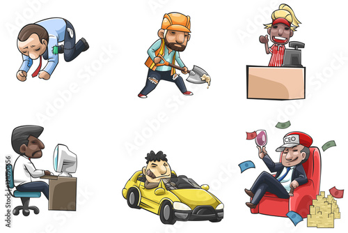 Cartoon people icon of various career and status from poor labor and salary worker into wealthy ceo or entrepreneur  create by vector  