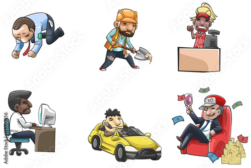 Cartoon people icon of various career and status from poor labor and salary worker into wealthy ceo or entrepreneur, create by vector
