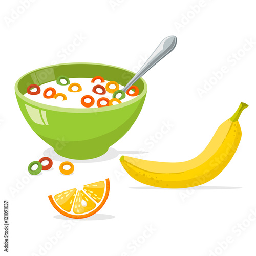 tasty cornflakes in green bowl with spoon and banana and orange. A healthy and wholesome breakfast. Vector illustration isolated on white background.