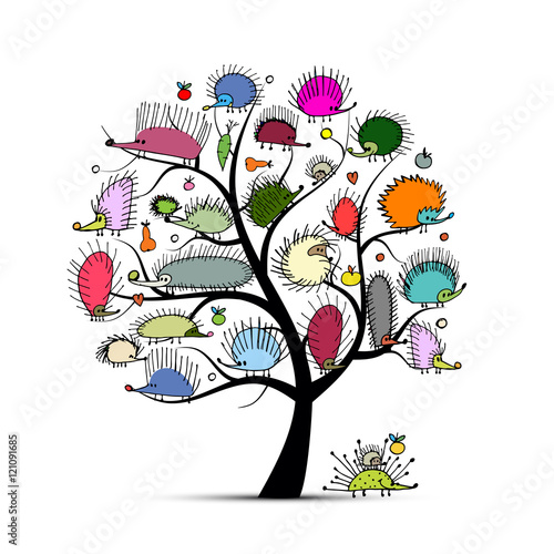 Art tree with funny hedgehog, sketch for your design