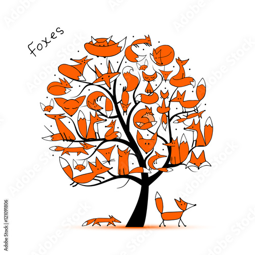 Fox family, art tree for your design