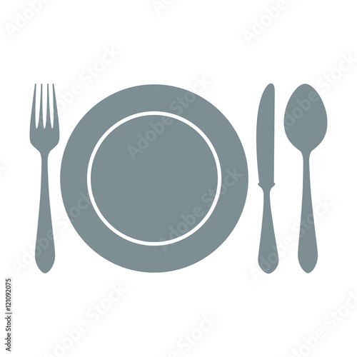 Plate icon. Plate with spoon, knife and fork Vector isolated on white background. Flat vector illustration in grey.