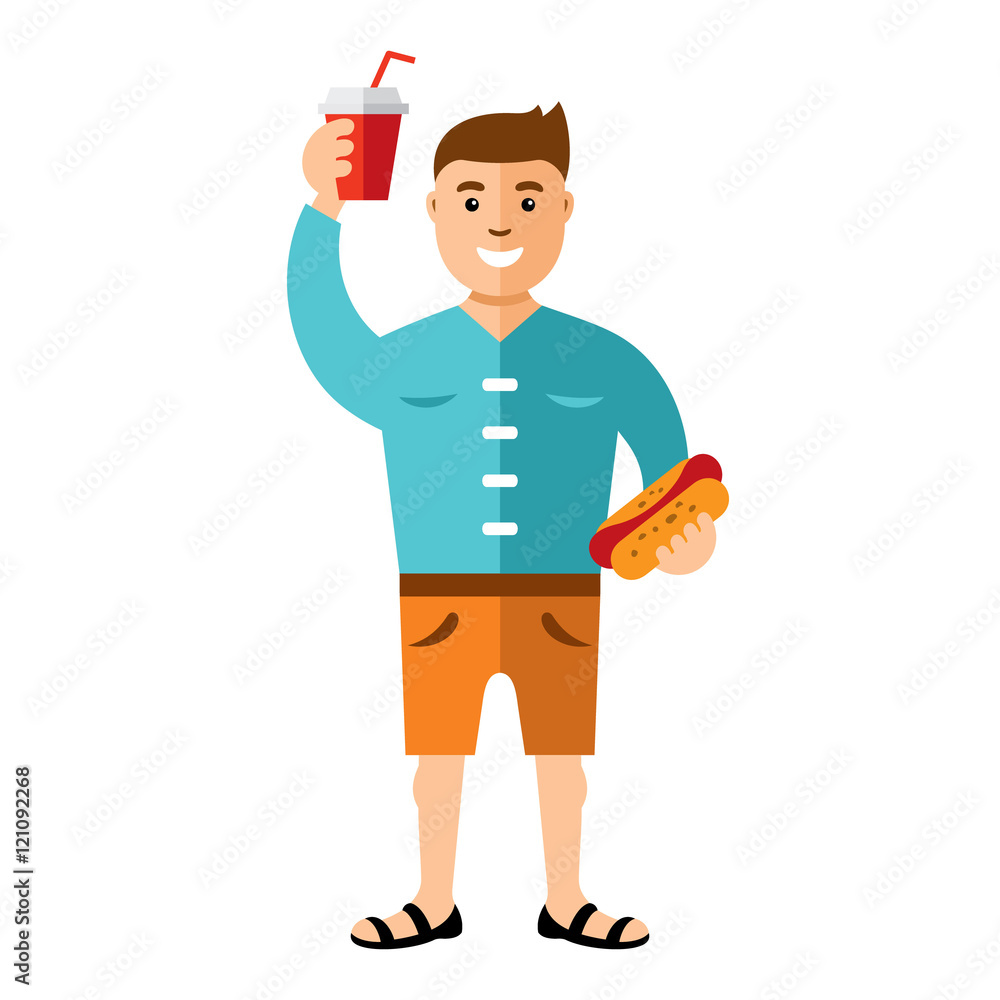 Vector Happy hipster man with hot dog and drink. Flat style colorful Cartoon illustration.