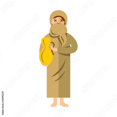 Vector Muslim woman with jug of water. Flat style colorful Cartoon illustration.