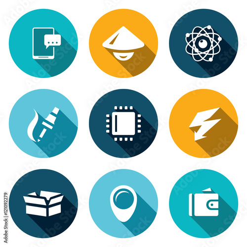 Vector Set of Electronic Industry Icons. Smartphone, Asian, Nucleu and electron, Manufacture, Processor, Charge, Pack, Place, Sale.