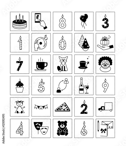 Icons birthday . Black and white vector icons for my birthday on