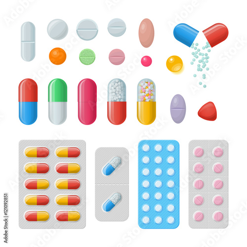 Set of vector pills and capsules. Icons of medicament. Tablets in blisters: painkillers, antibiotics, vitamins and aspirin. Pharmacy and drug symbols. Medical illustration on white background.