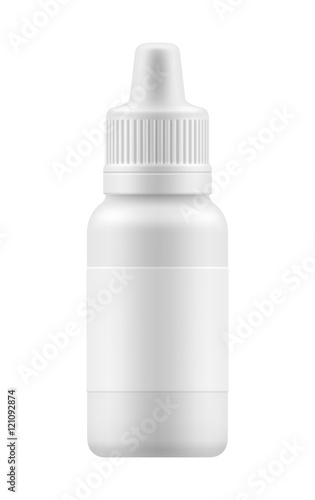 Nasal or eye spray for nose or eye health. Realistic white plastic container for fluid. Mockup bottle with medical drug for nose or eye . Pharmacy blank packing medication vector illustration
