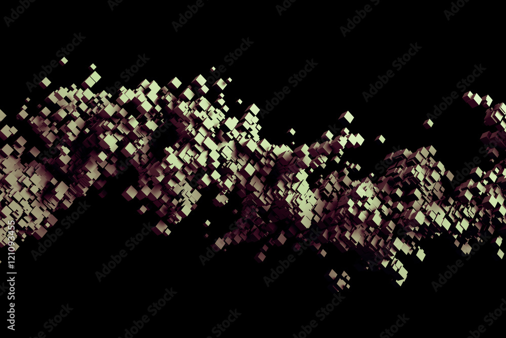 Abstract 3d rendering of chaotic particles. Flying cubes in empty space. Futuristic background.
