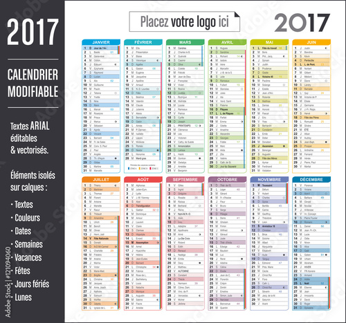 Calendrier 2017 modifiable (éléments isolés sur calques, textes en ARIAL éditables et vectorisés)