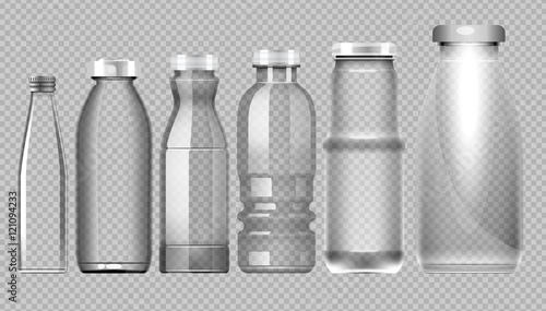 Vector set of transparent glass jar bottle for milk, juice and water mockup ready for your design