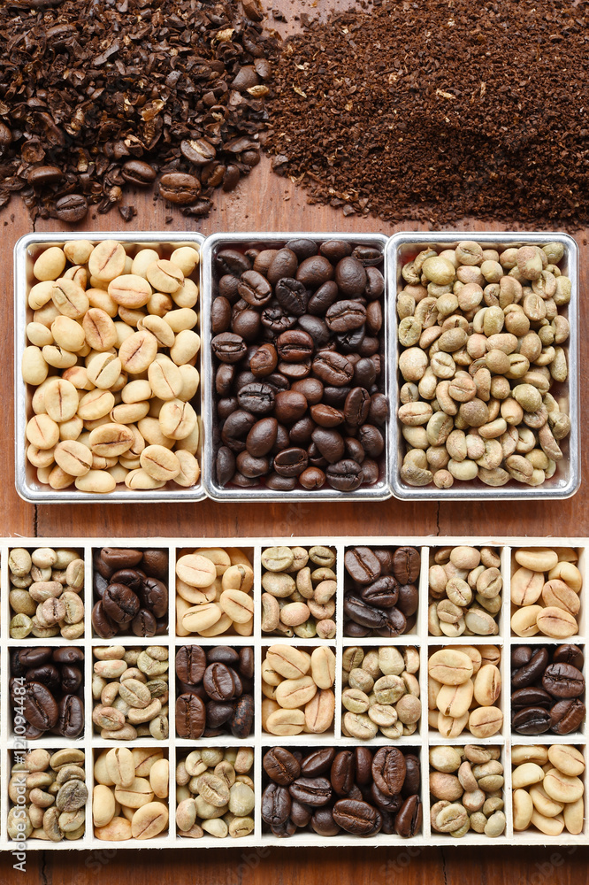 different coffee forms in wooden box on wooden background different coffee forms in wooden box on wooden background