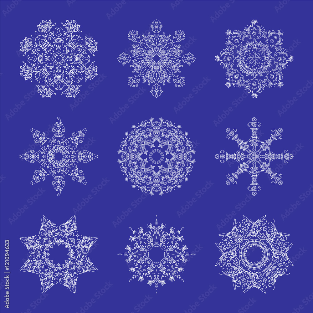 Set of Beautiful Openwork Snowflakes. White Snowflakes on Blue Background. Elements for Christmas and New Year Design. Vector Illustration. Set of Beautiful Openwork Snowflakes. White Snowflakes on Blue Background. Elements for Christmas and New Year Design. Vector Illustration.