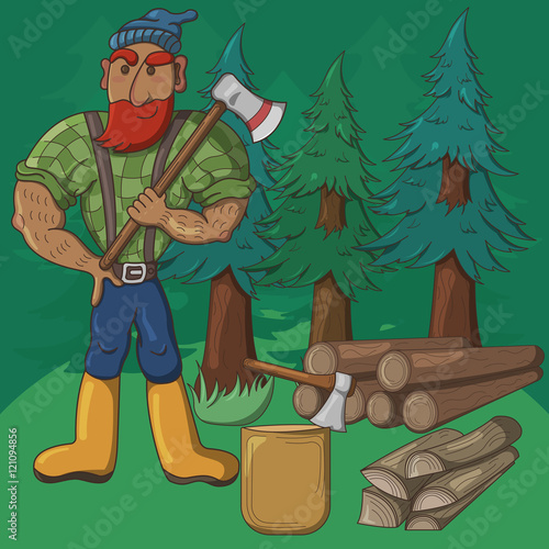 set of illustrations with a lumberjack, ax and logs