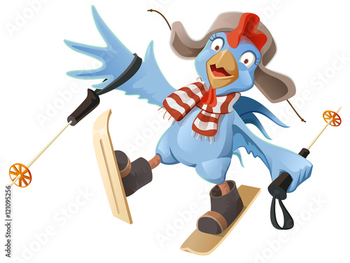 Blue Rooster symbol 2017. Cartoon Cock chicken skiing