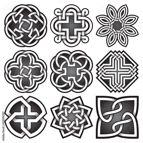 Set of logo symbols in Celtic knots style. Tribal tattoo symbols package. Nine silver stamps for jewelry design. Monochrome logos design elements.