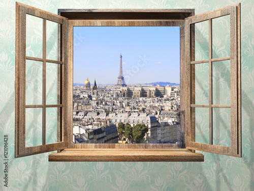 Fotografie Opened wooden window and view on Eiffel tower, Paris