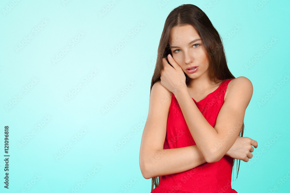 beautiful girl with long brown hair in red dress beautiful girl with long brown hair in red dress