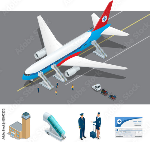Vector Isometric representing airport, jet airplane, ground support vehicles and equipment. Airport, aircraft runway airline pilot stewardess, airport terminal, baggage, international airlines
