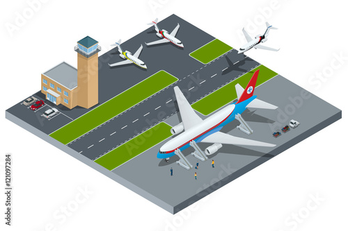 Vector Isometric representing airport, jet airplane, ground support vehicles and equipment. Airport, aircraft runway airline pilot stewardess, airport terminal, baggage, international airlines