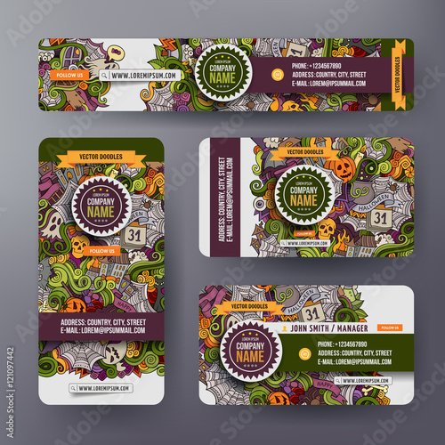 Corporate Identity vector templates set with doodles hand drawn Halloween theme