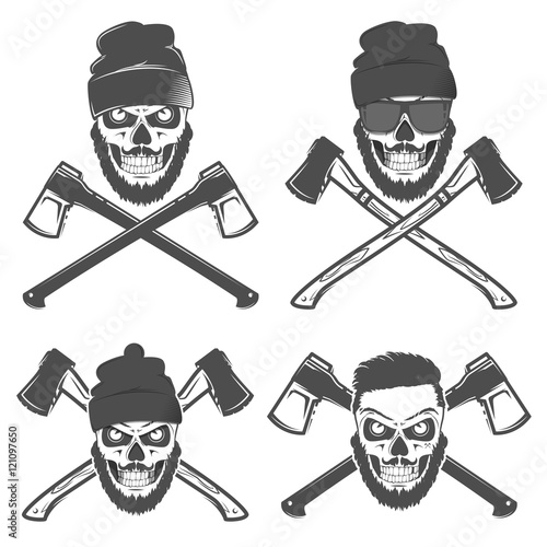 Set of skull woodman for t shirt and tattoo lumberjack vinage style,emblems and logo.