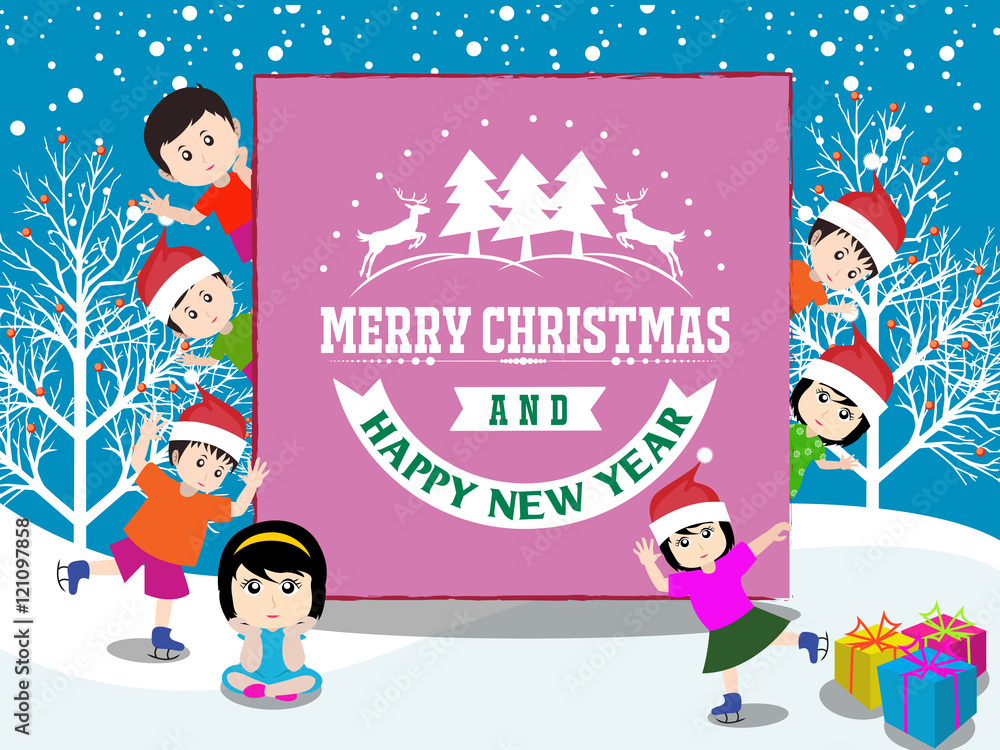 Obraz premium Merry christmas and Happy new year 2017 with funny kids
