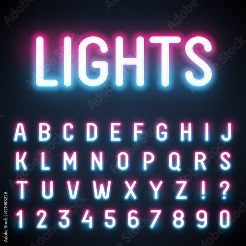 Glowing neon tube font. Retro text effect.