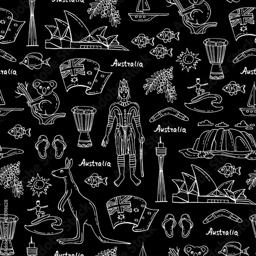 Canvas-taulu Vector seamless pattern with hand drawn isolated symbols of Australia on black c