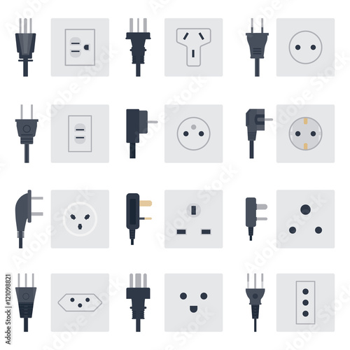 Electric outlet illustration on white background. Energy socket electrical outlets plugs european appliance interior icon. Wire cable cord connection electrical outlets plugs double american.