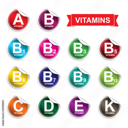 Vitamins sticker, button, label and sign set.