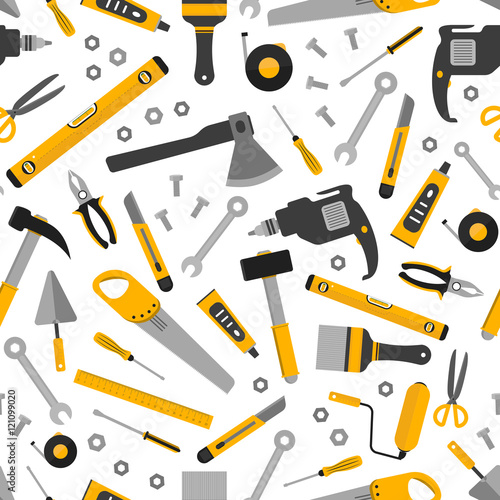 Flat working home tools pattern. Construction and home repair instruments. Hand drill, glue, screwdriver, saw and pliers, level, hammer and scissors. Vector