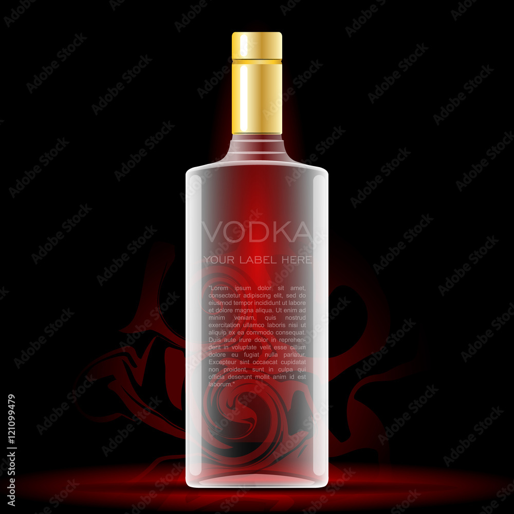 Vector vodka bottle mockup with your label here text. Silver bottle