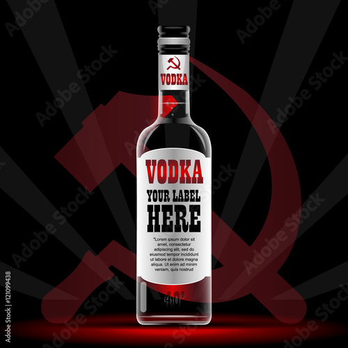 Vector vodka bottle mockup with your label here text. Silver bottle with sickle and hammer logo and cap over black background