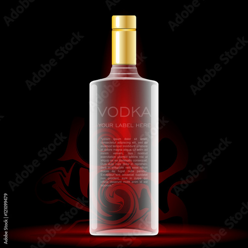 Vector vodka bottle mockup with your label here text. Silver bottle with cap over black background