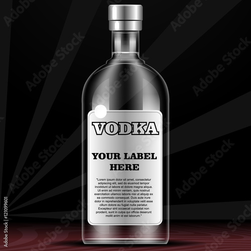 Vector vodka bottle mockup with your label here text. Silver bottle with cap over black background