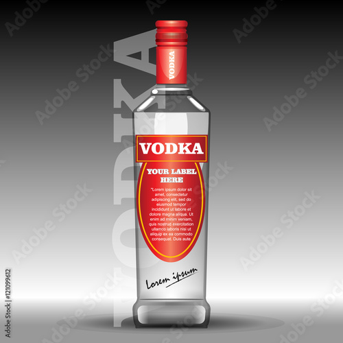 Vector red vodka bottle mockup with your label here text. Silver bottle with cap over black background