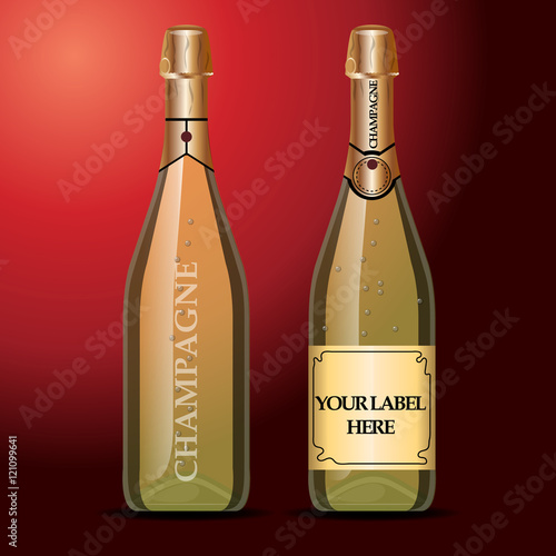 Vector wine bottles mockup with your label here text. Golden bottle, champagne wine with gold caps