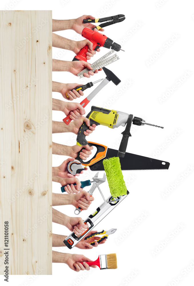 Hands with tools with copy space