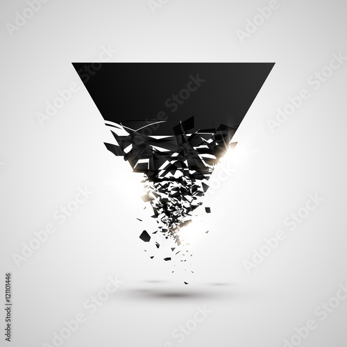 Black triangle with debris. Abstract black explosion. Geometric background. Vector