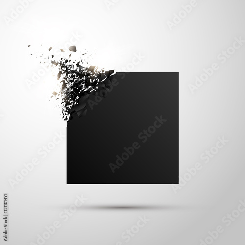 Black square with debris on white background. Abstract black explosion. Geometric background. Vector